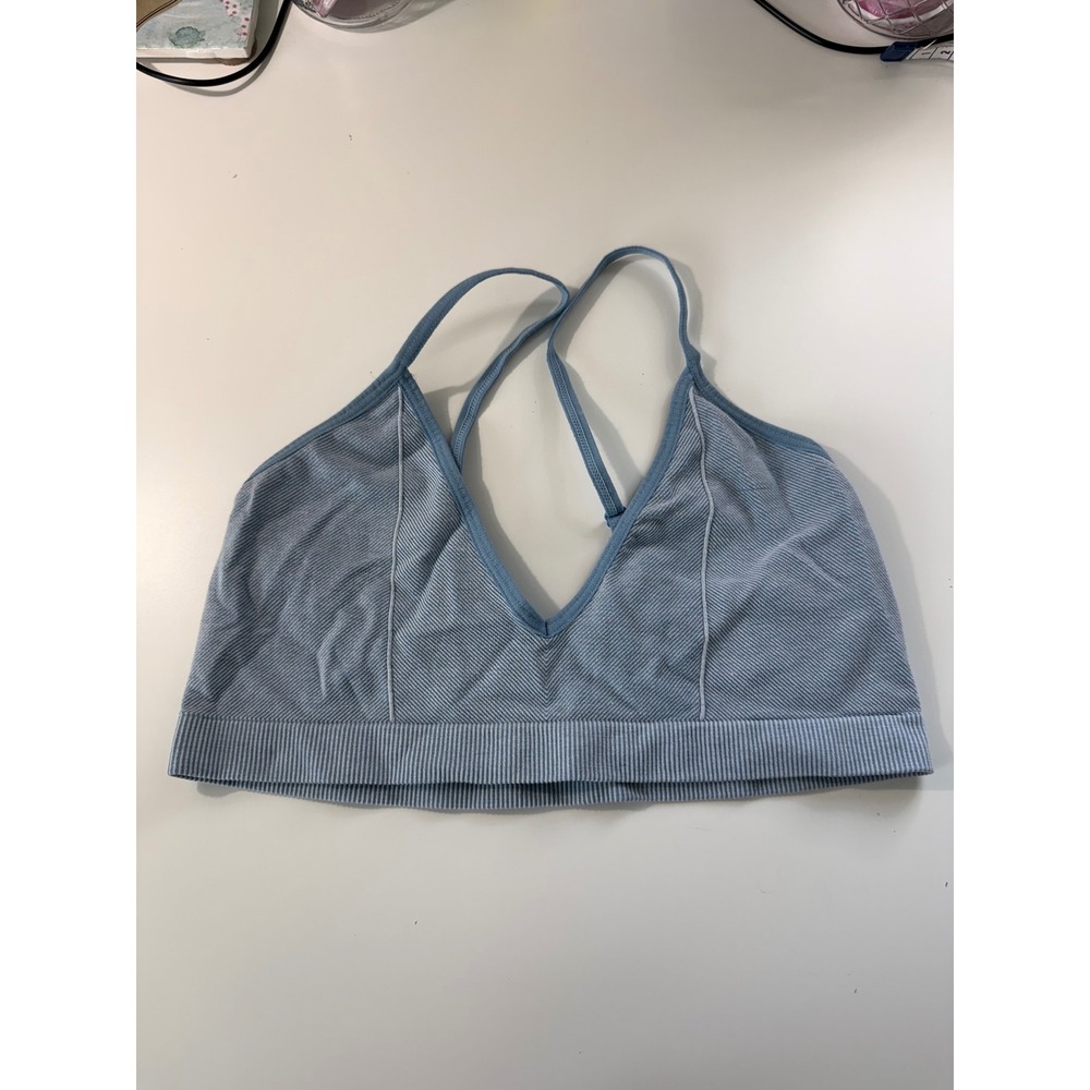 Colsie Womens Ribbed V-Neck Lounge Bralette Blue Striped Adjustable Straps M